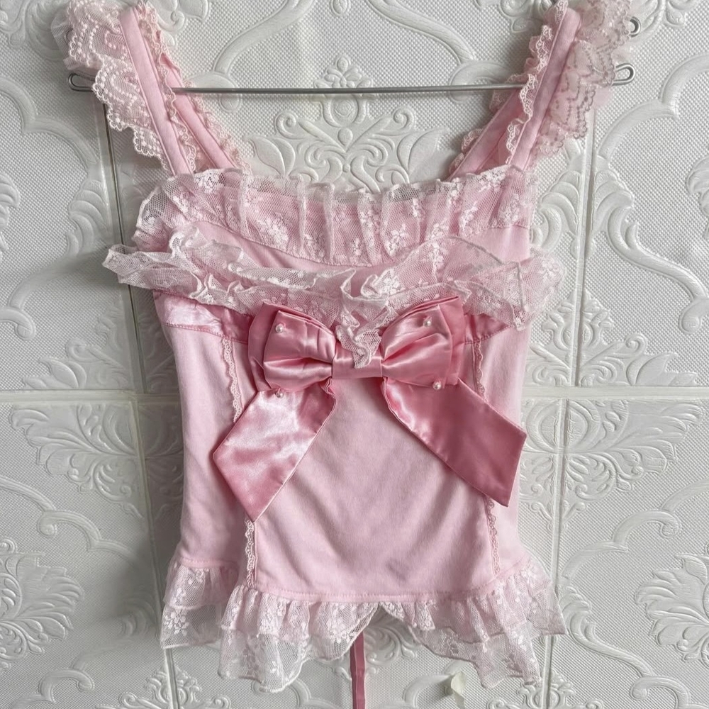 Pink Lace Trim Camisole with Bow